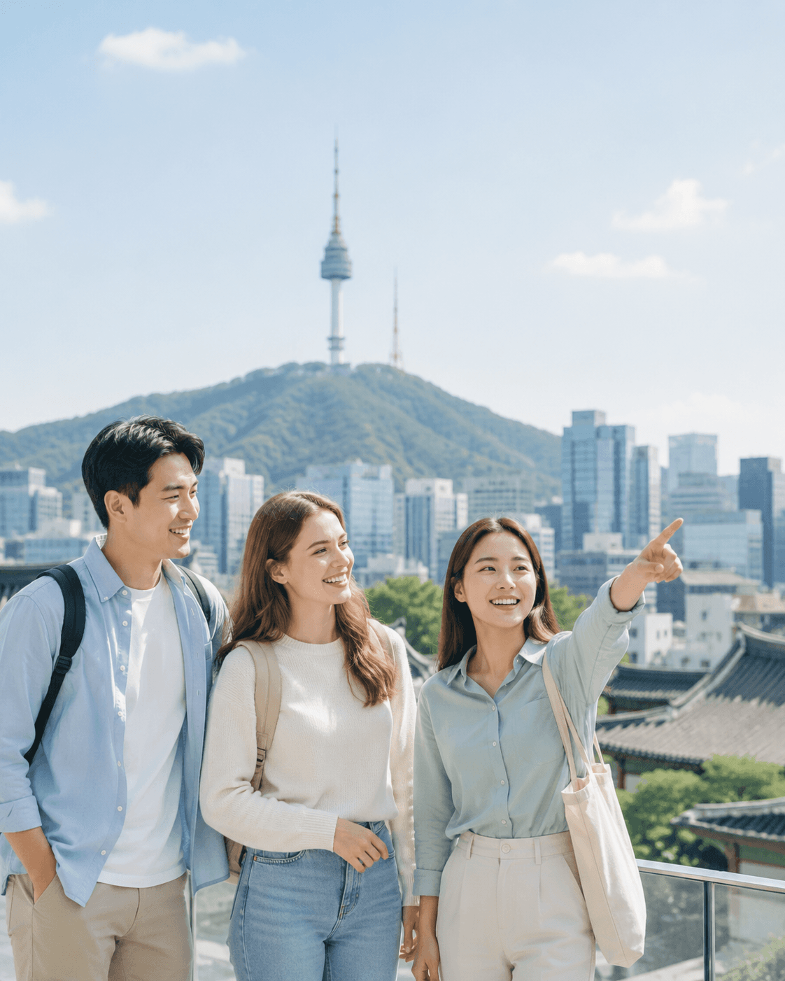 People discovering Seoul with Namsan Tower in the background
