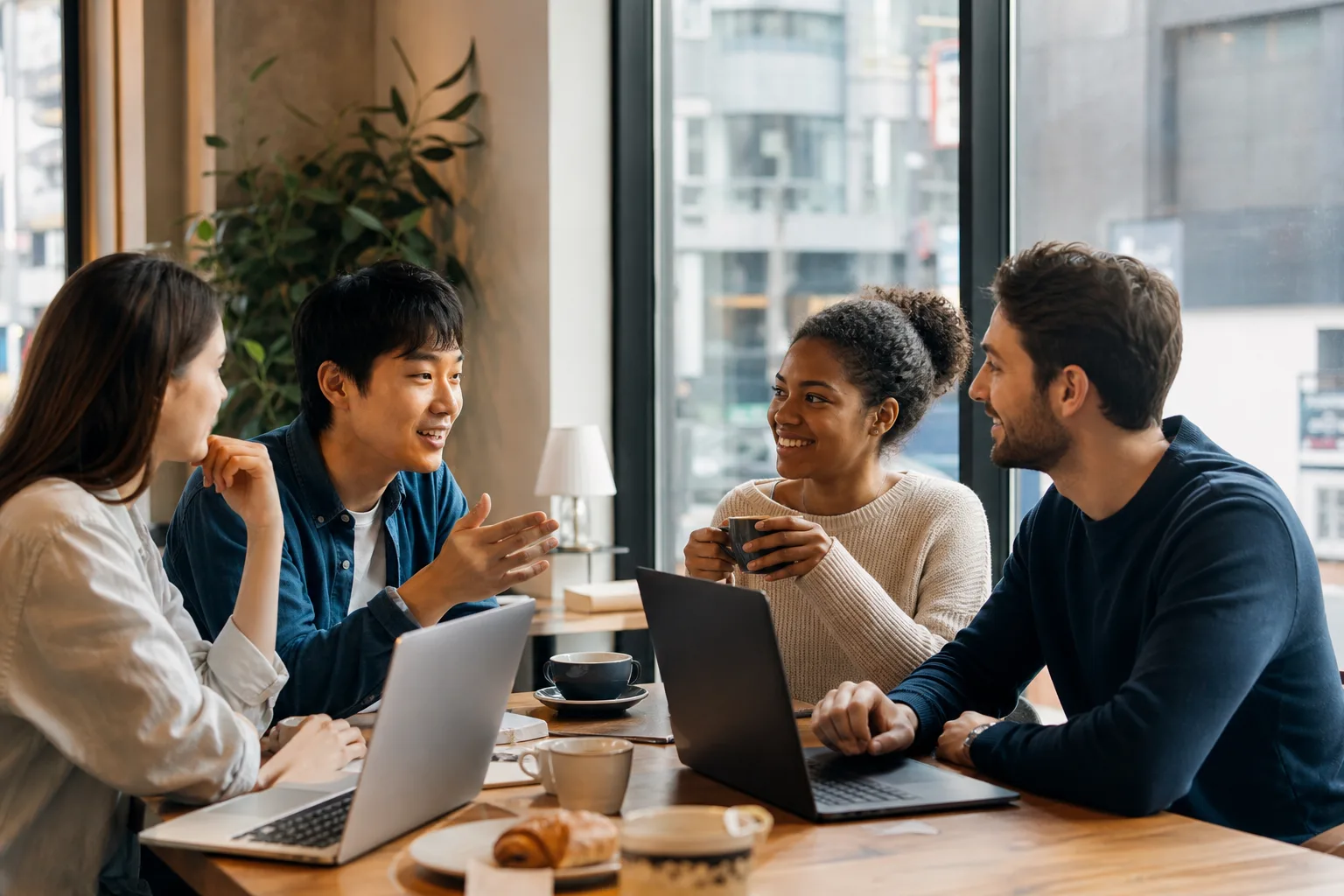 International residents sharing ideas together in a Seoul cafe