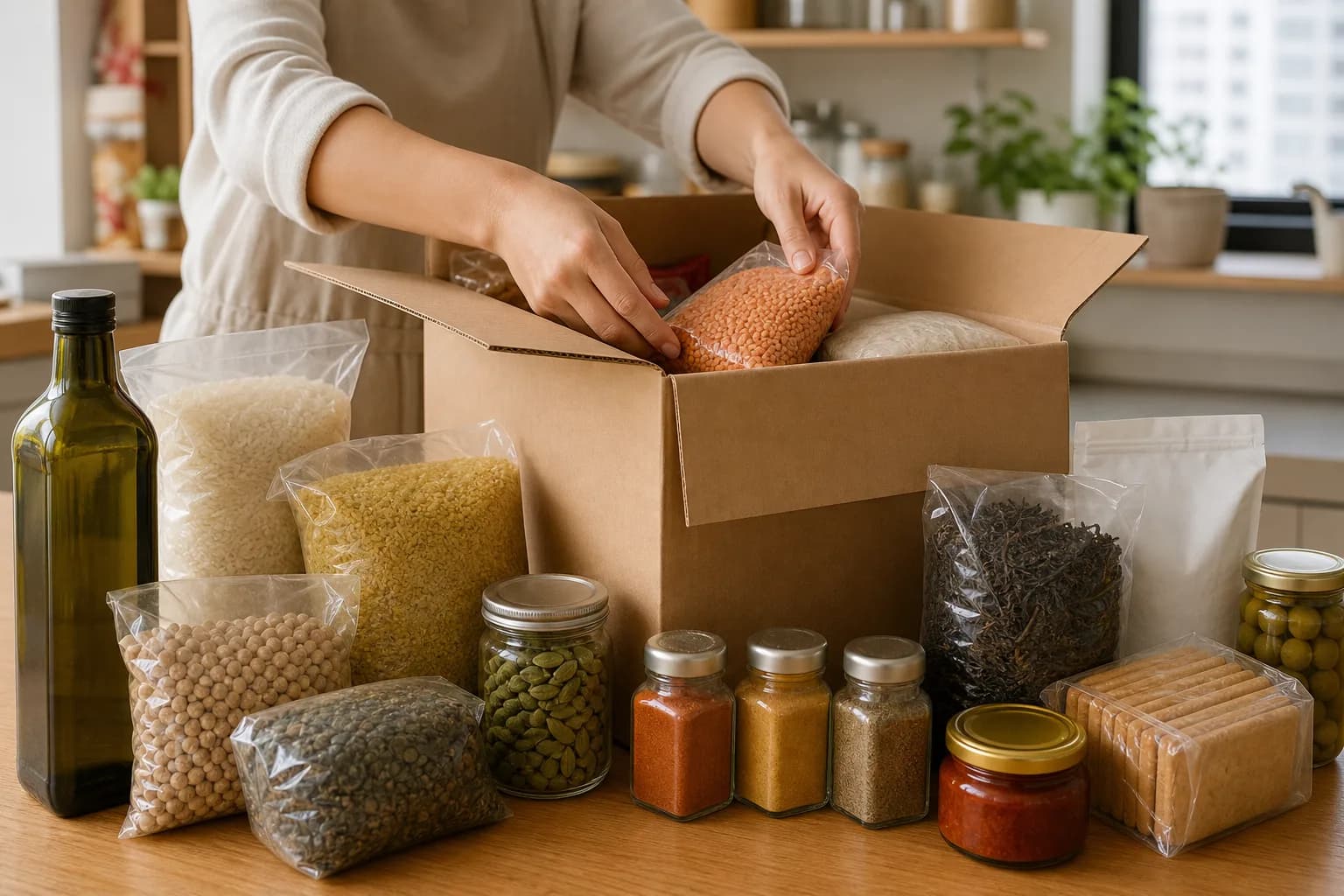 International groceries being packed for delivery