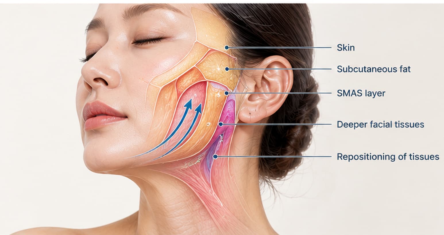 Conceptual illustration of facial skin, underlying fat and SMAS tissue layers relevant to facelift surgery.