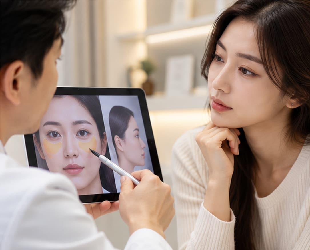 Illustrative consultation discussing under-eye and cheek volume restoration.