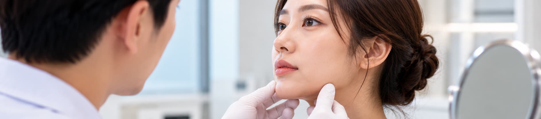 Illustrative chin implant consultation assessing chin projection and facial profile.