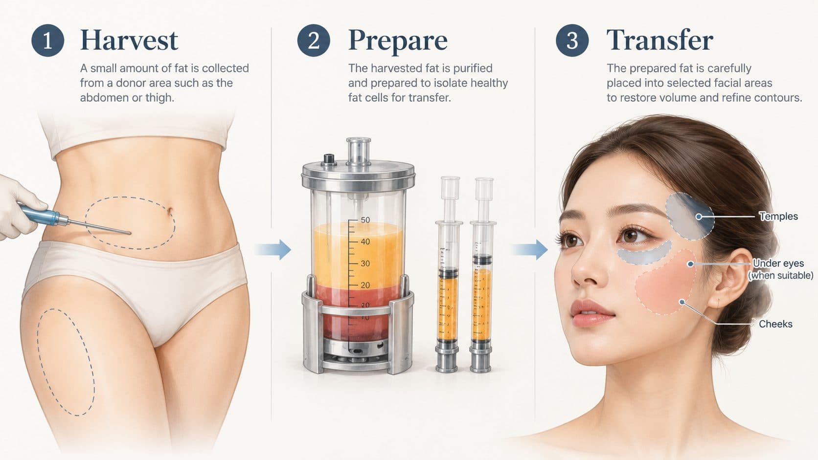 Educational illustration of fat harvesting, preparation and transfer to selected facial areas.