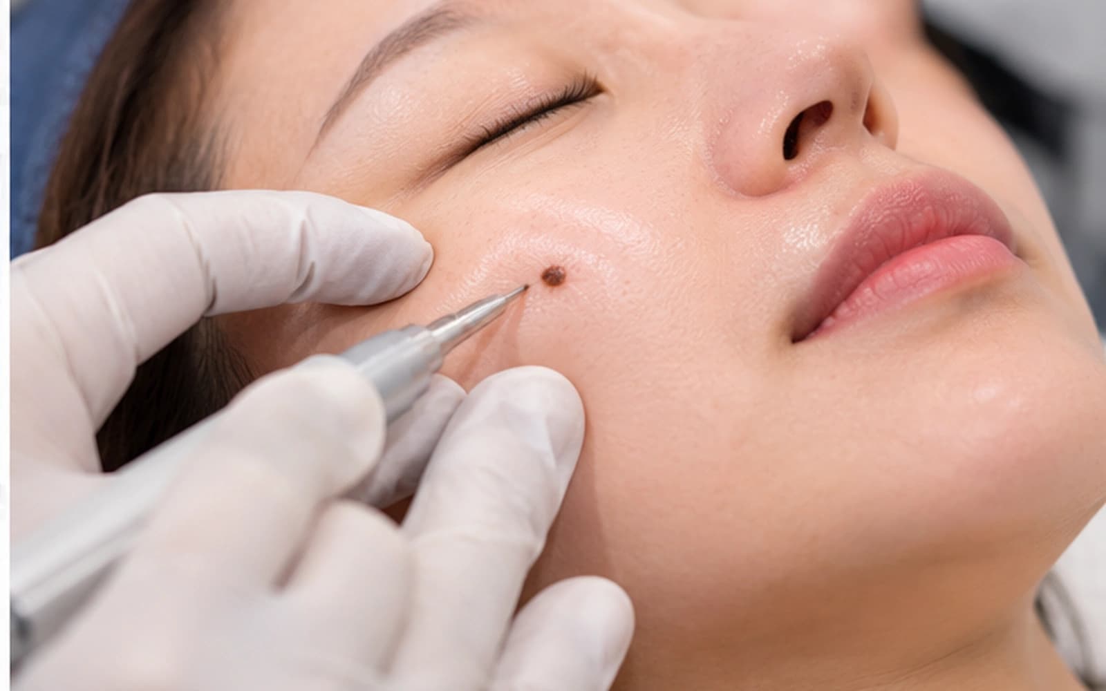 1. Clinician assessing and treating a facial mole at a dermatology clinic in Korea