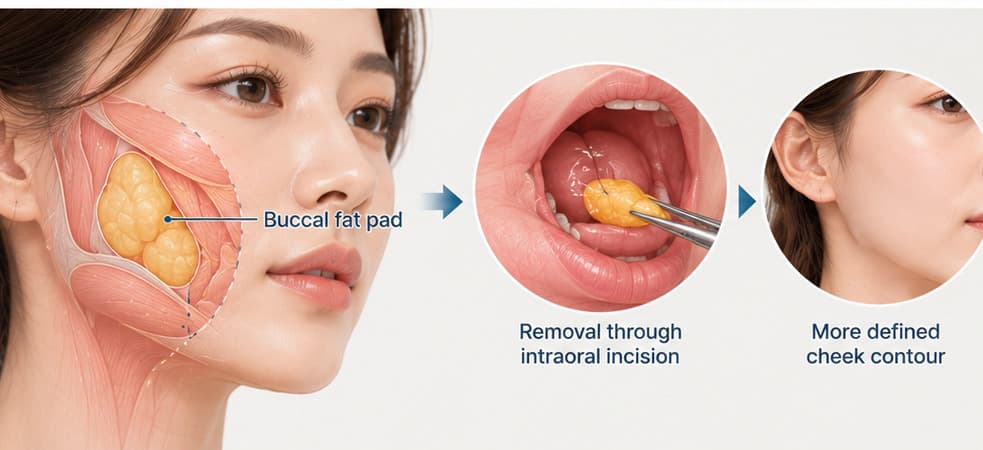Conceptual illustration of the buccal fat pad and intraoral approach to cheek fat removal.