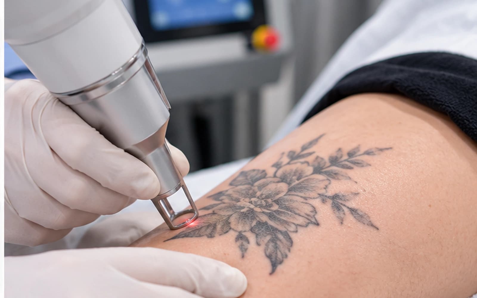 Laser tattoo removal treatment being performed on a floral arm tattoo in Korea