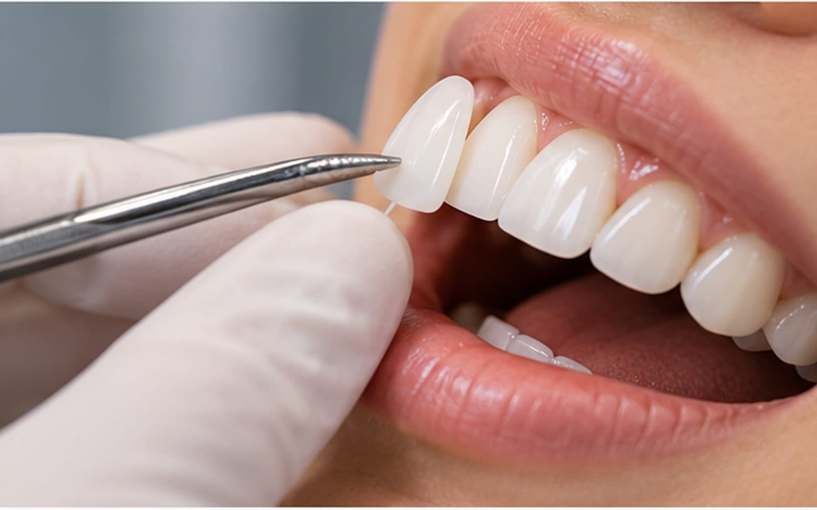 Porcelain veneer being positioned on a front tooth during cosmetic dental treatment