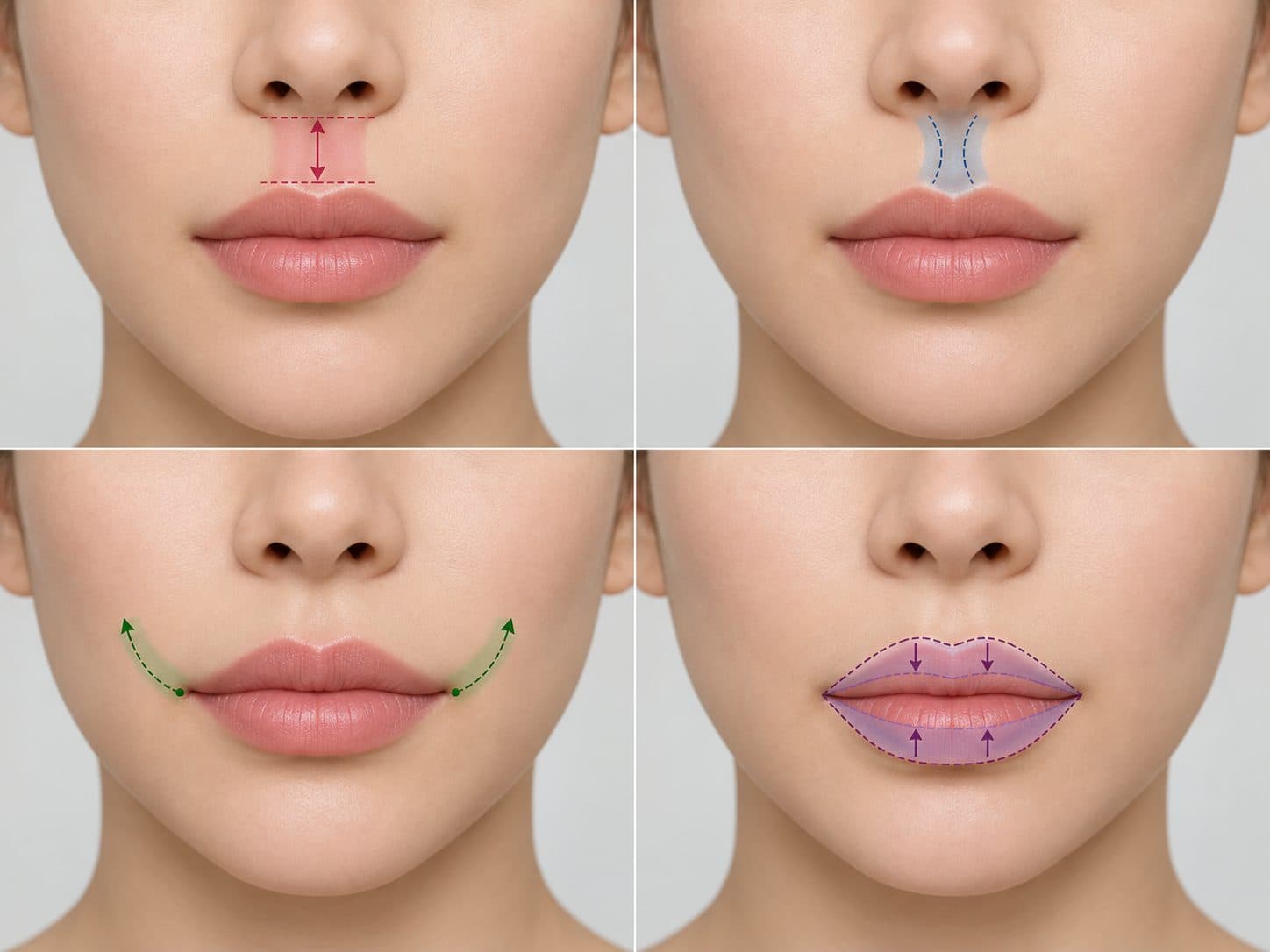 Illustration highlighting philtrum length, groove definition, mouth corners and lip contour