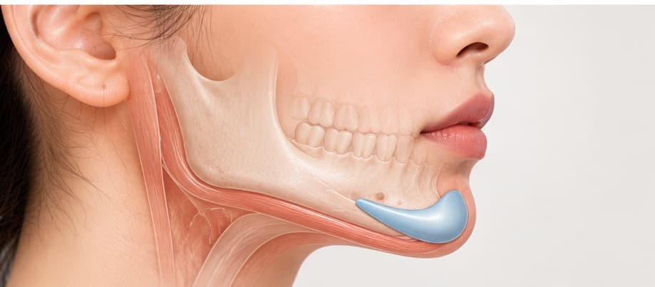 Conceptual illustration showing chin implant positioning relative to the lower jaw and facial tissues.