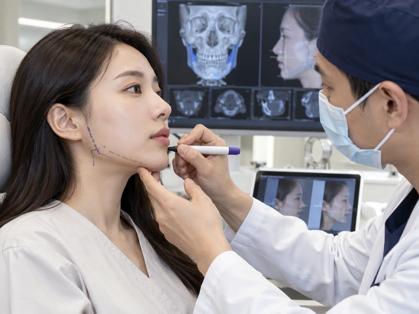 korean specialist analysing woman's jaw for surgical jaw reduction.