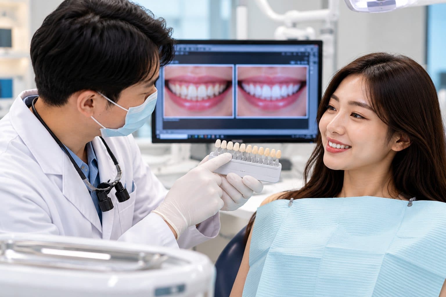 Dentist discussing porcelain veneer treatment options with a patient at a dental clinic in Seoul
