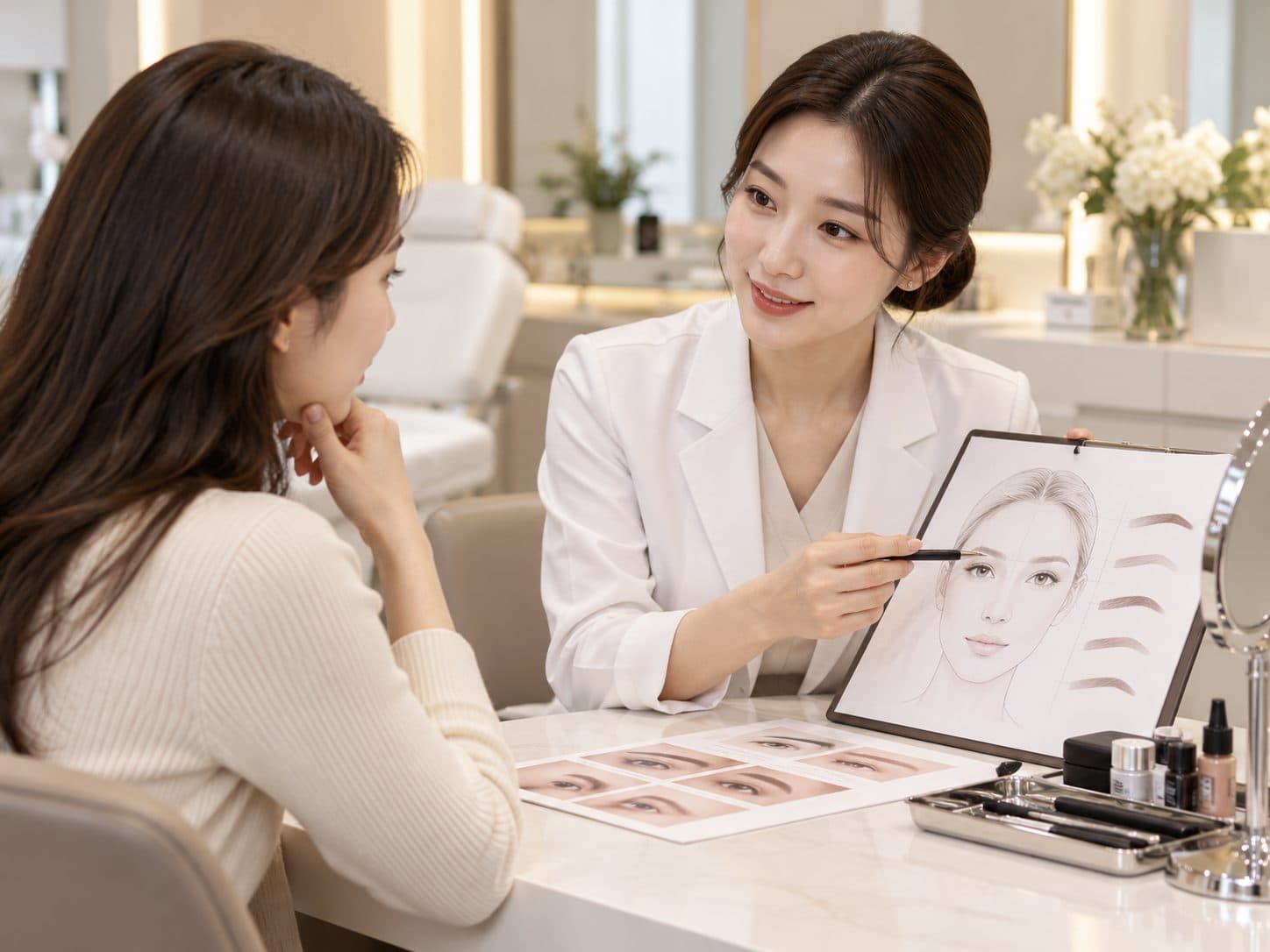 Specialist discussing semi-permanent makeup and eyebrow design with a patient at a clinic in Korea