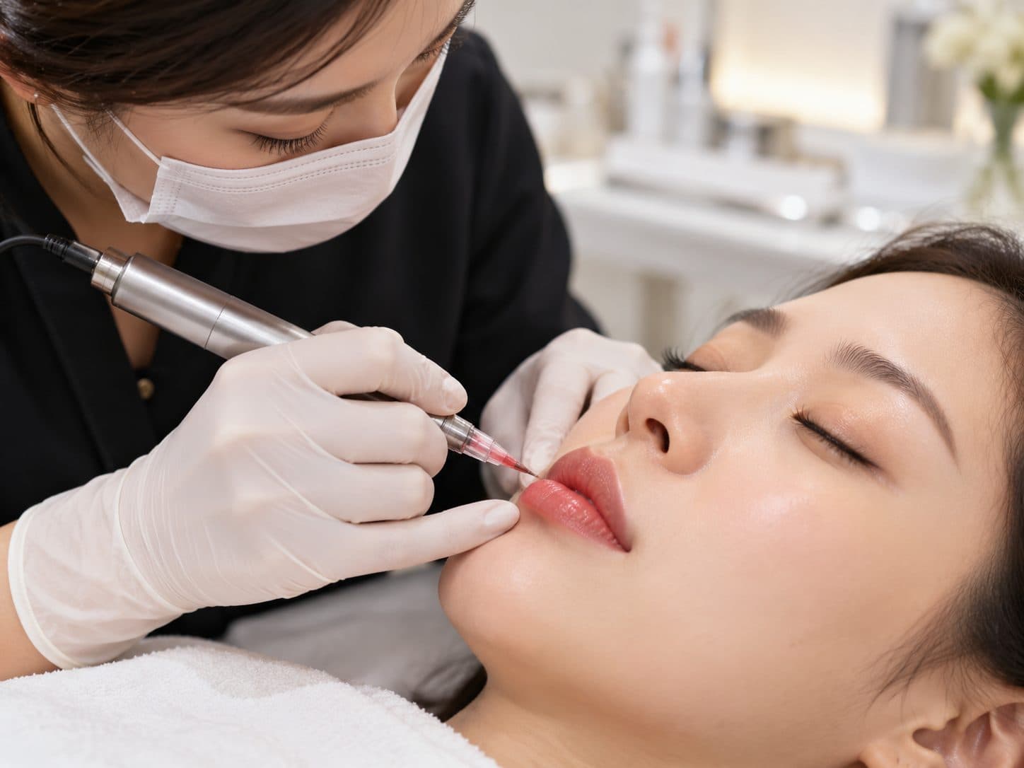 Semi-permanent lip blush treatment being performed at an aesthetic clinic in Korea