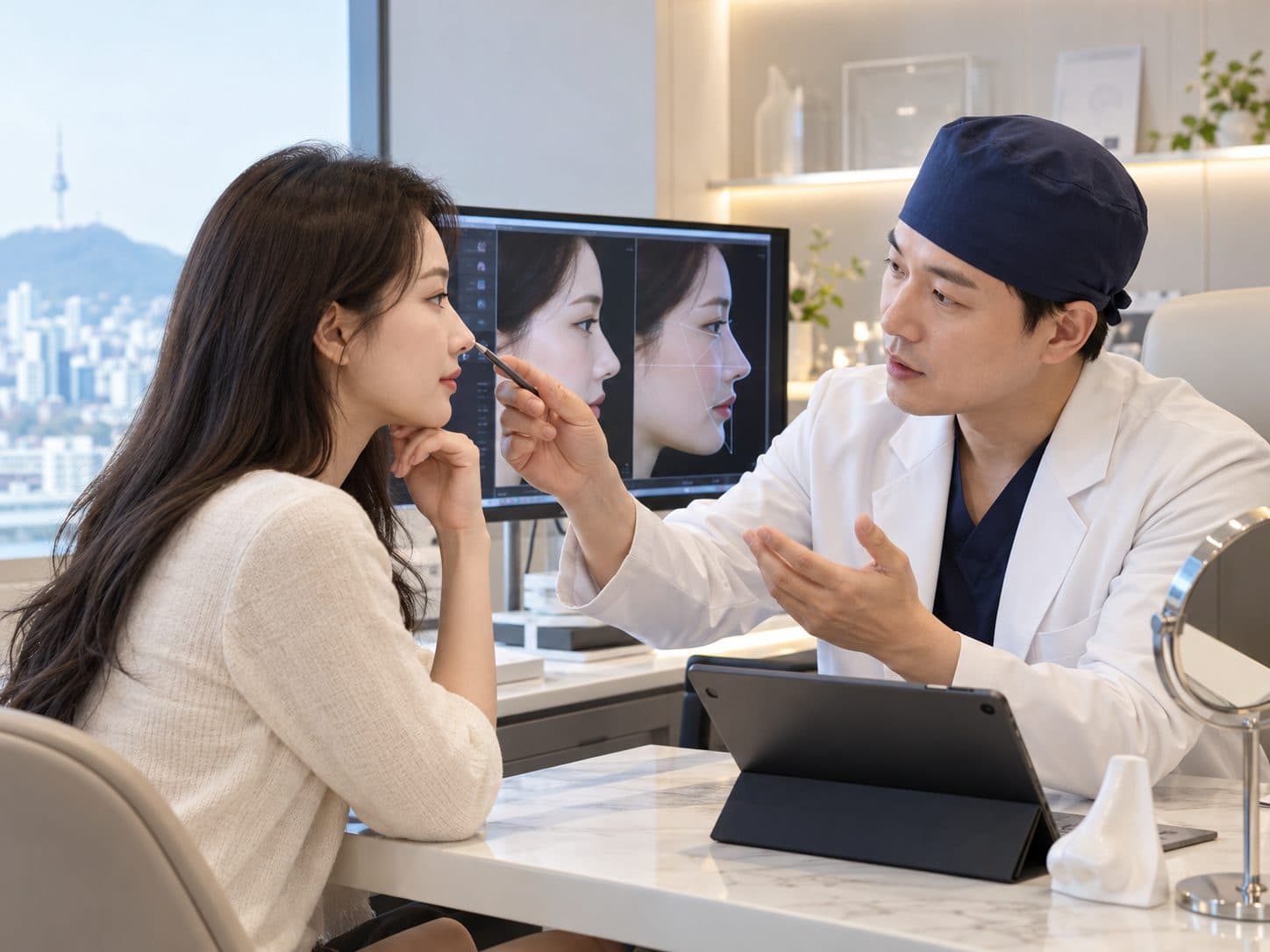 Rhinoplasty consultation in Korea with a plastic surgeon discussing nose shape and surgical planning