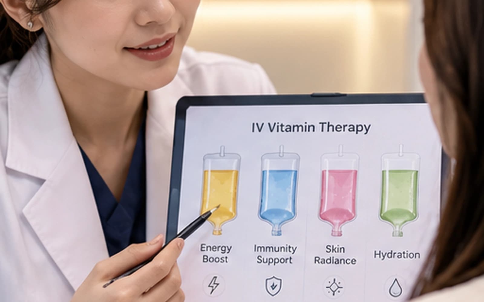 Doctor discussing IV vitamin therapy options with a patient at a wellness clinic in Korea
