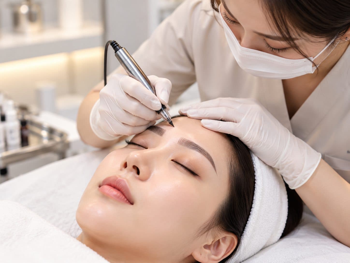 Semi-permanent eyebrow treatment being performed by a specialist at an aesthetic clinic in Korea