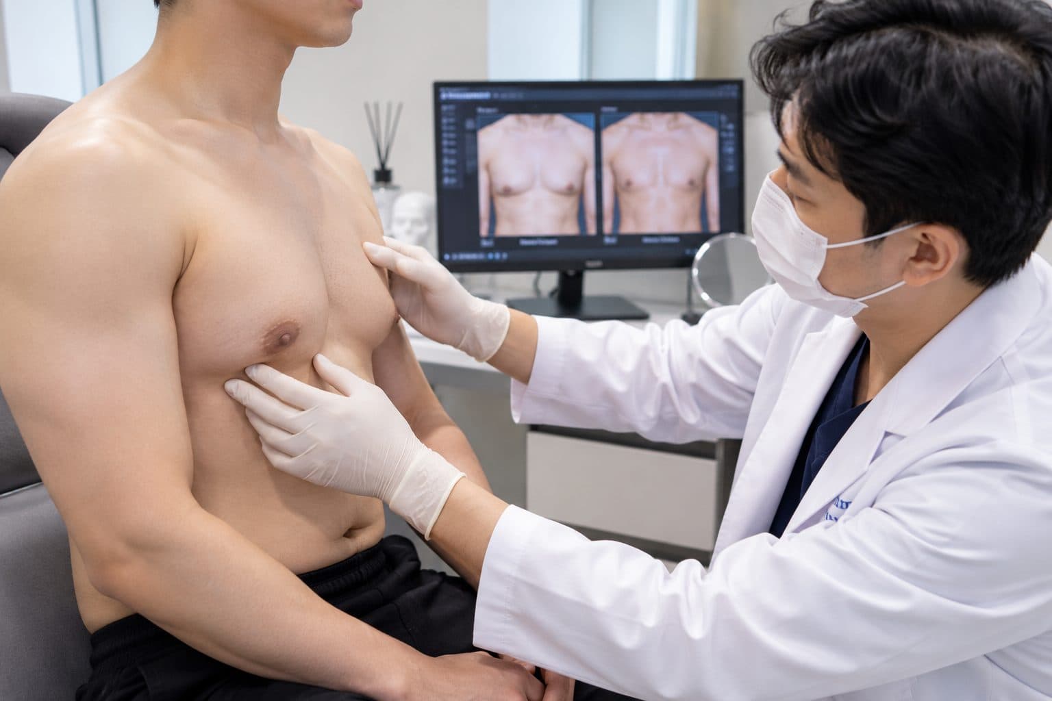 Gynecomastia surgery consultation for male breast reduction at a clinic in Seoul, South Korea