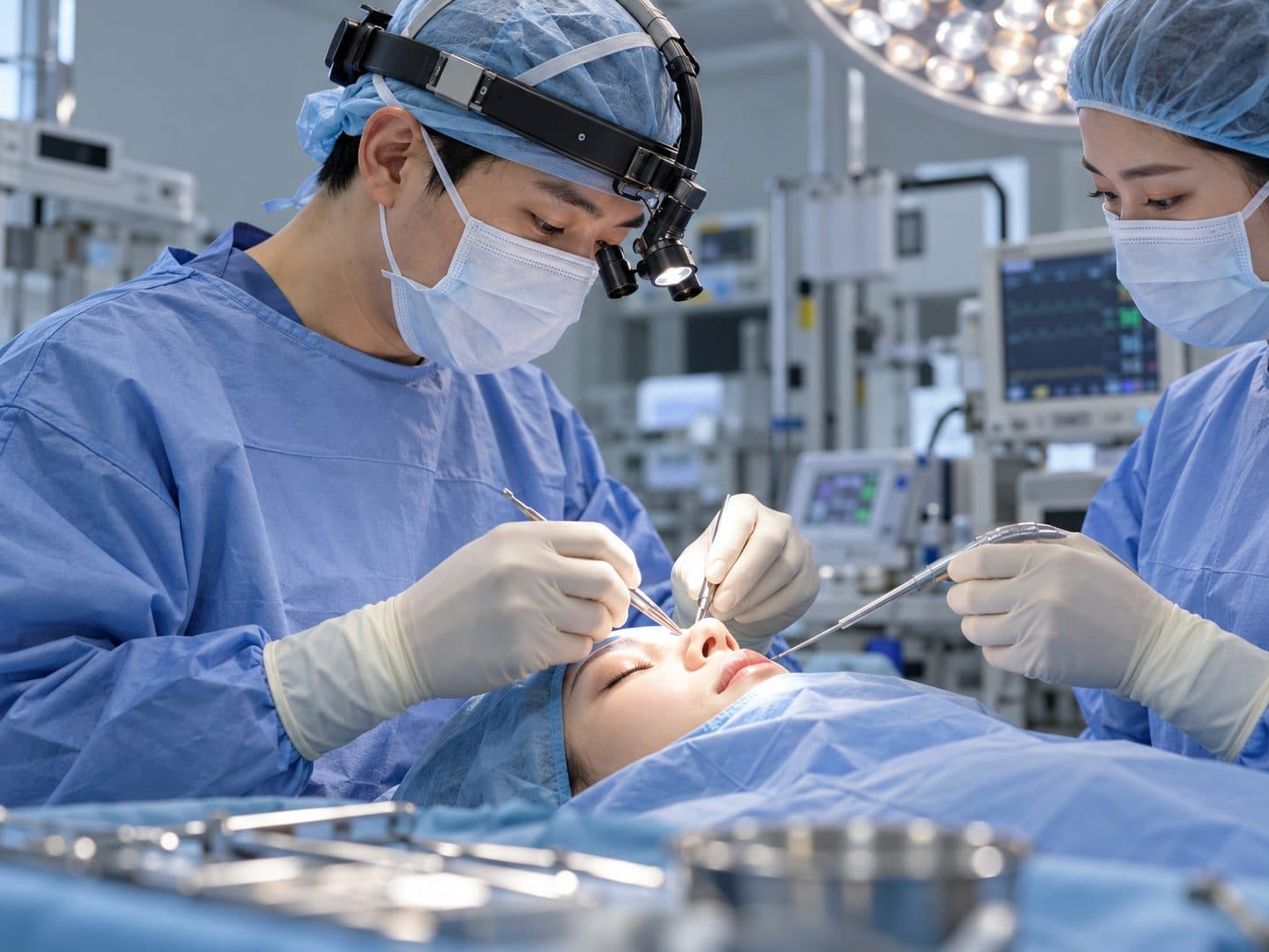 Rhinoplasty surgery in Korea performed by a surgical team in a modern operating room