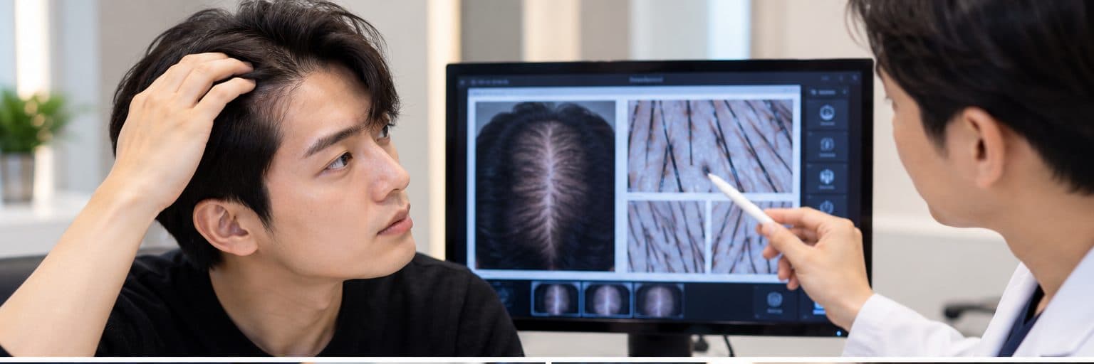 Hair loss consultation and scalp assessment at a clinic in Seoul, South Korea