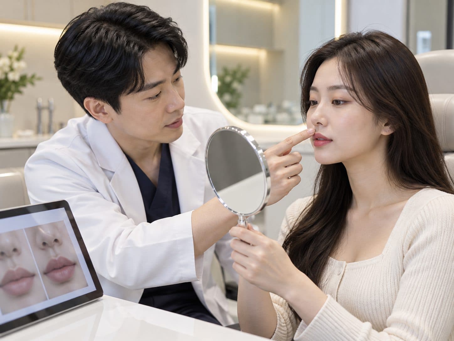 Illustrative consultation discussing upper-lip and philtrum proportions