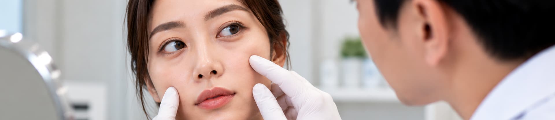 Illustrative facial foreign material removal consultation assessing concerns following previous cosmetic treatments.