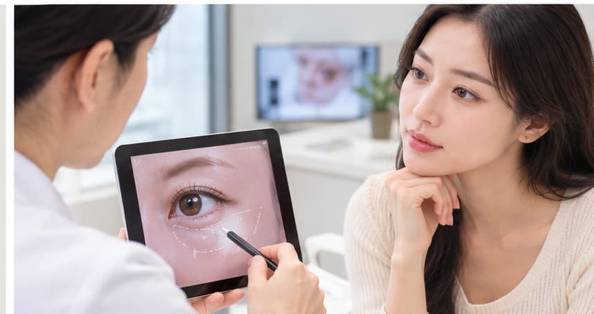 Illustrative consultation reviewing lower-eyelid anatomy and eye bag surgery treatment options.