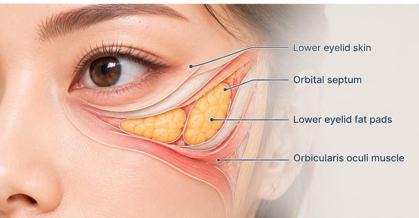 Conceptual medical illustration showing lower-eyelid skin, orbital septum, fat pads and orbicularis oculi muscle. Copy alt text