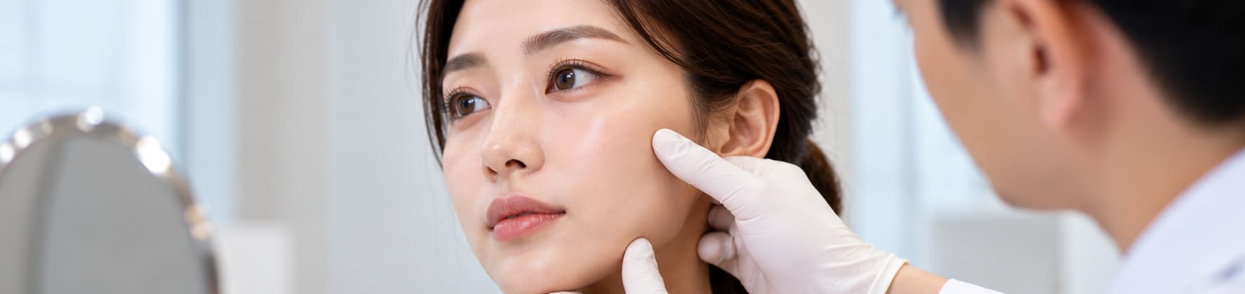 Illustrative buccal fat removal consultation assessing cheek fullness and facial contours.