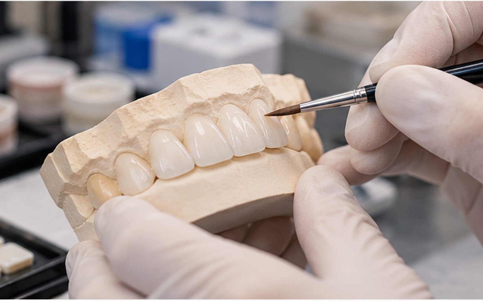 Dental technician customising porcelain veneers on a dental model in a laboratory