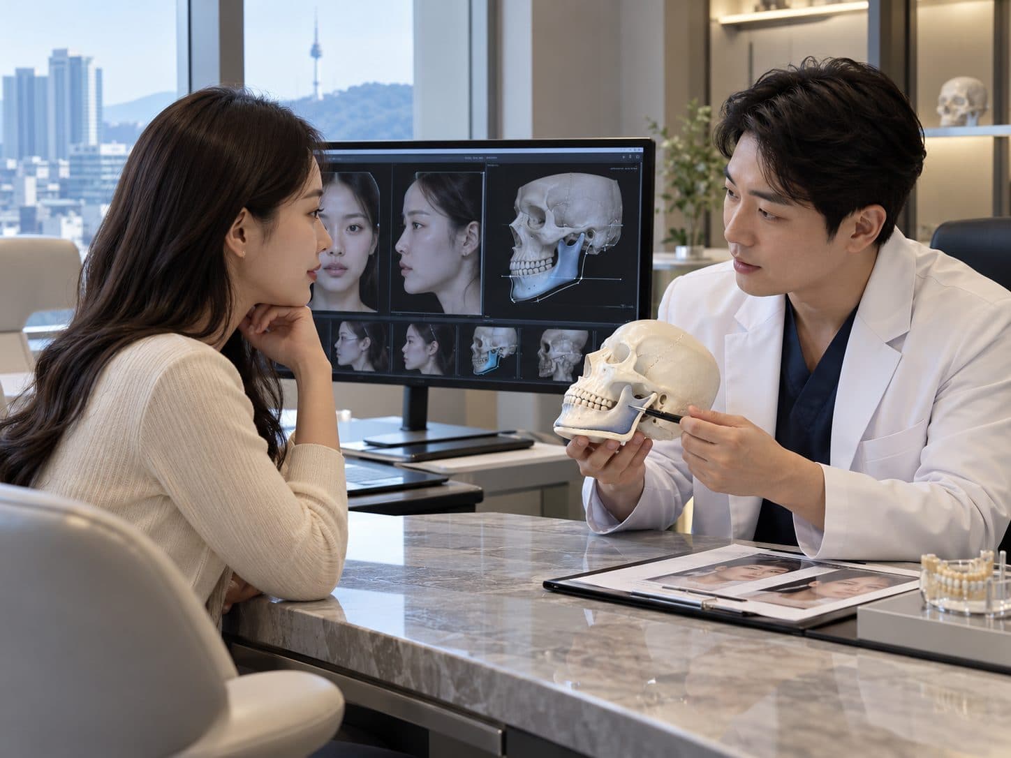 man giving consultation regarding surgical jaw reduction procedure.