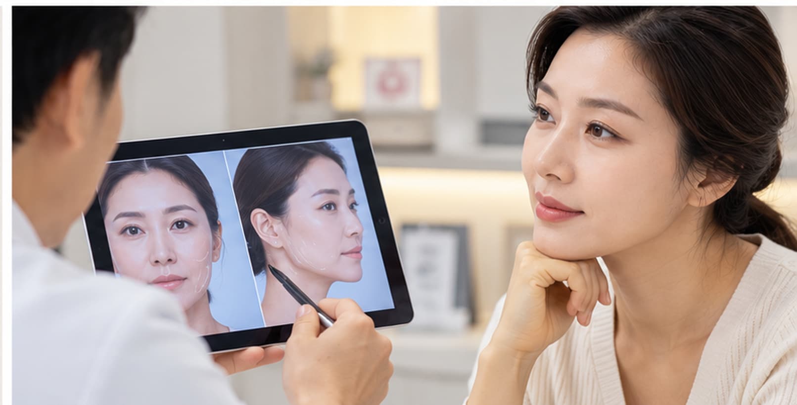 Illustrative facelift consultation discussing facial contours and surgical planning.