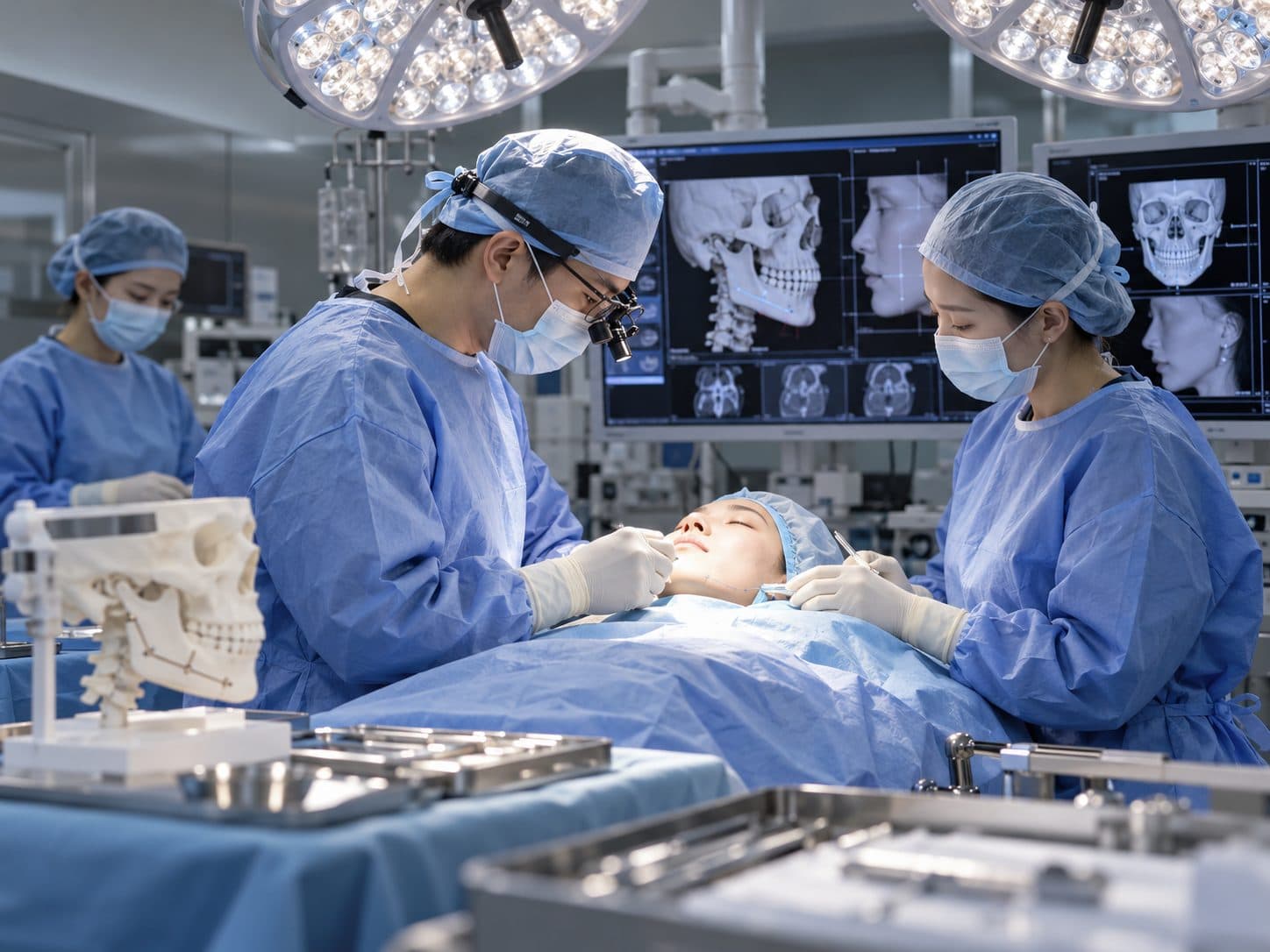doctors operating on patient for surgical jaw reduction.