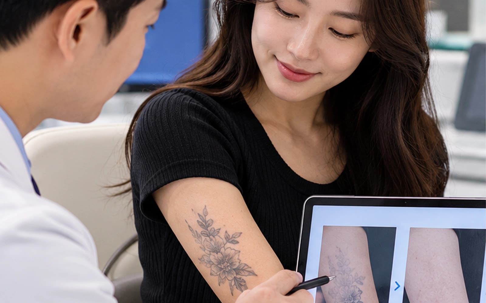Doctor discussing tattoo and mole removal options with a patient at a skin clinic in Korea