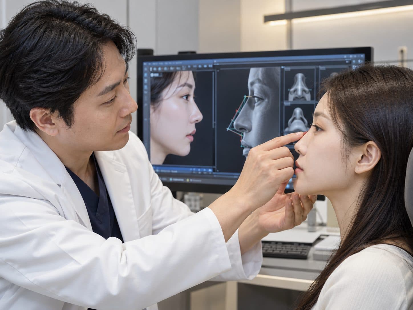 Plastic surgeon assessing a patient’s nose during rhinoplasty planning with facial imaging