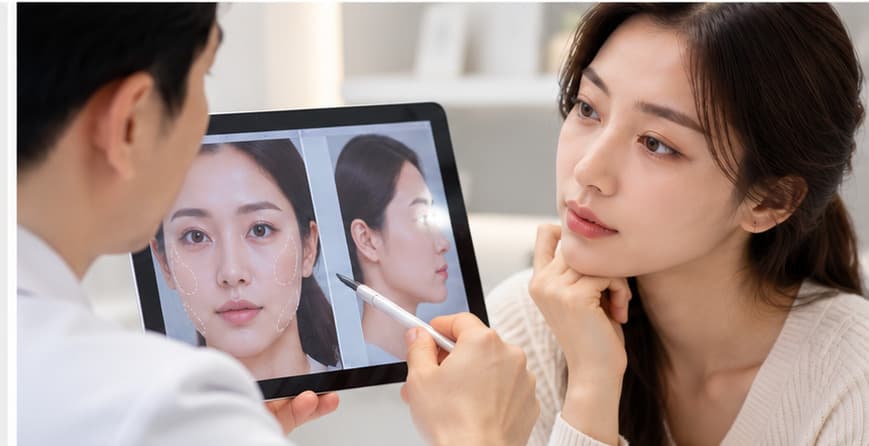 Illustrative consultation discussing buccal fat removal and cheek contour treatment planning.
