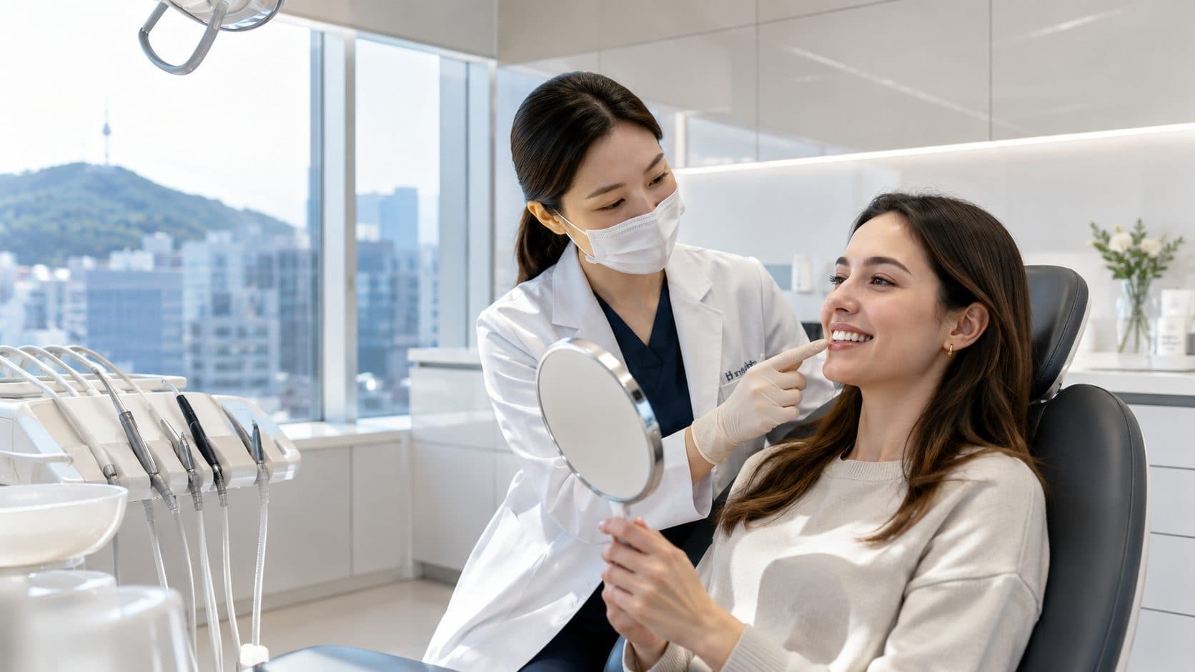 woman doing analysis for teeth whitening korea