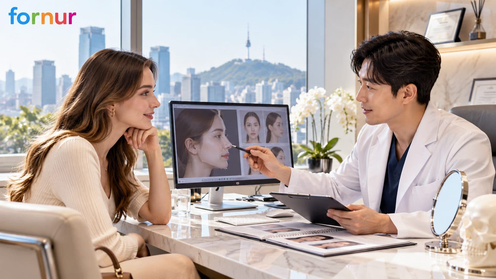 Korean plastic surgery cost consultation with a surgeon discussing treatment options at a Seoul clinic.