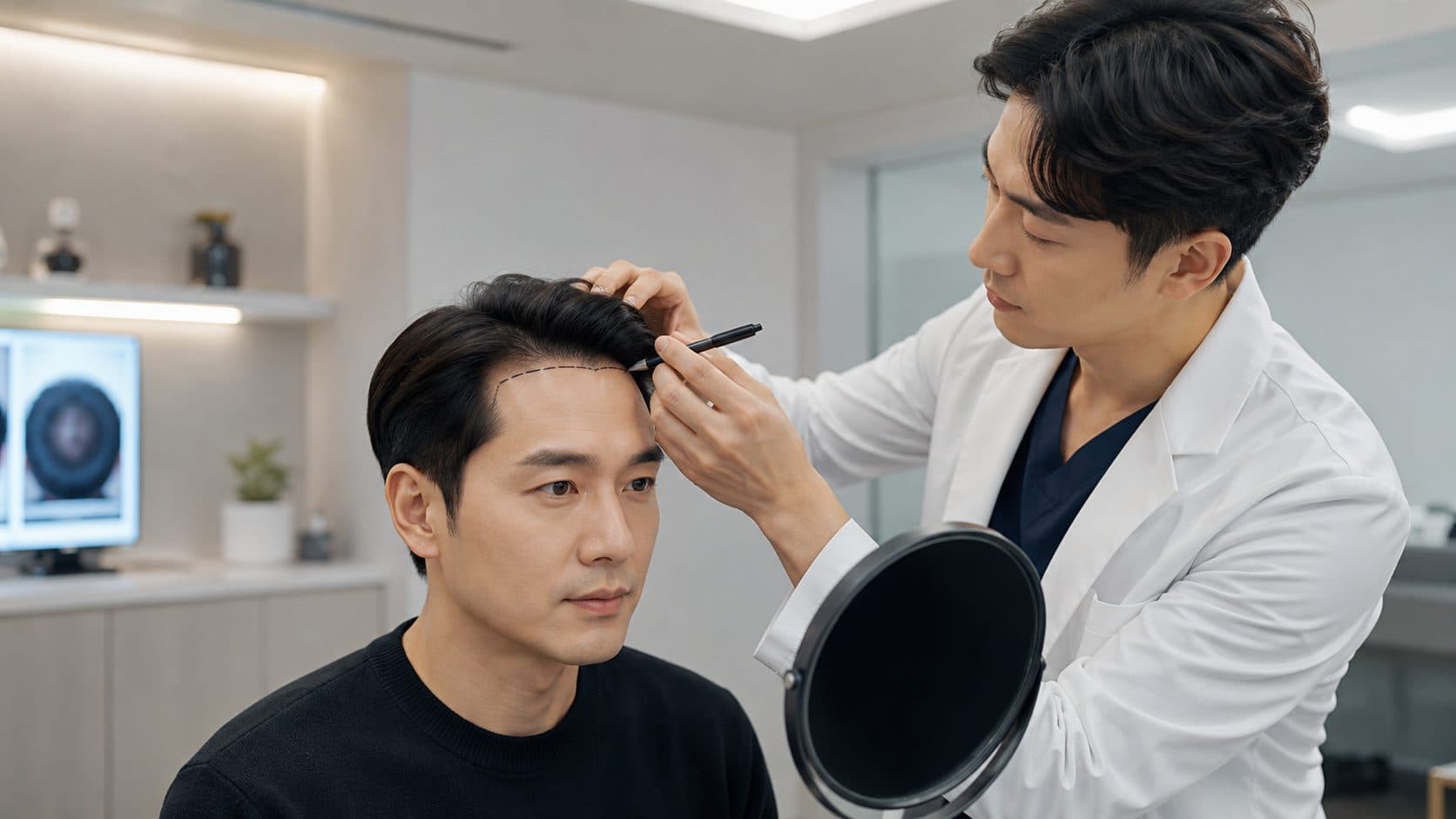 surgeon analysing man for korean hair surgery