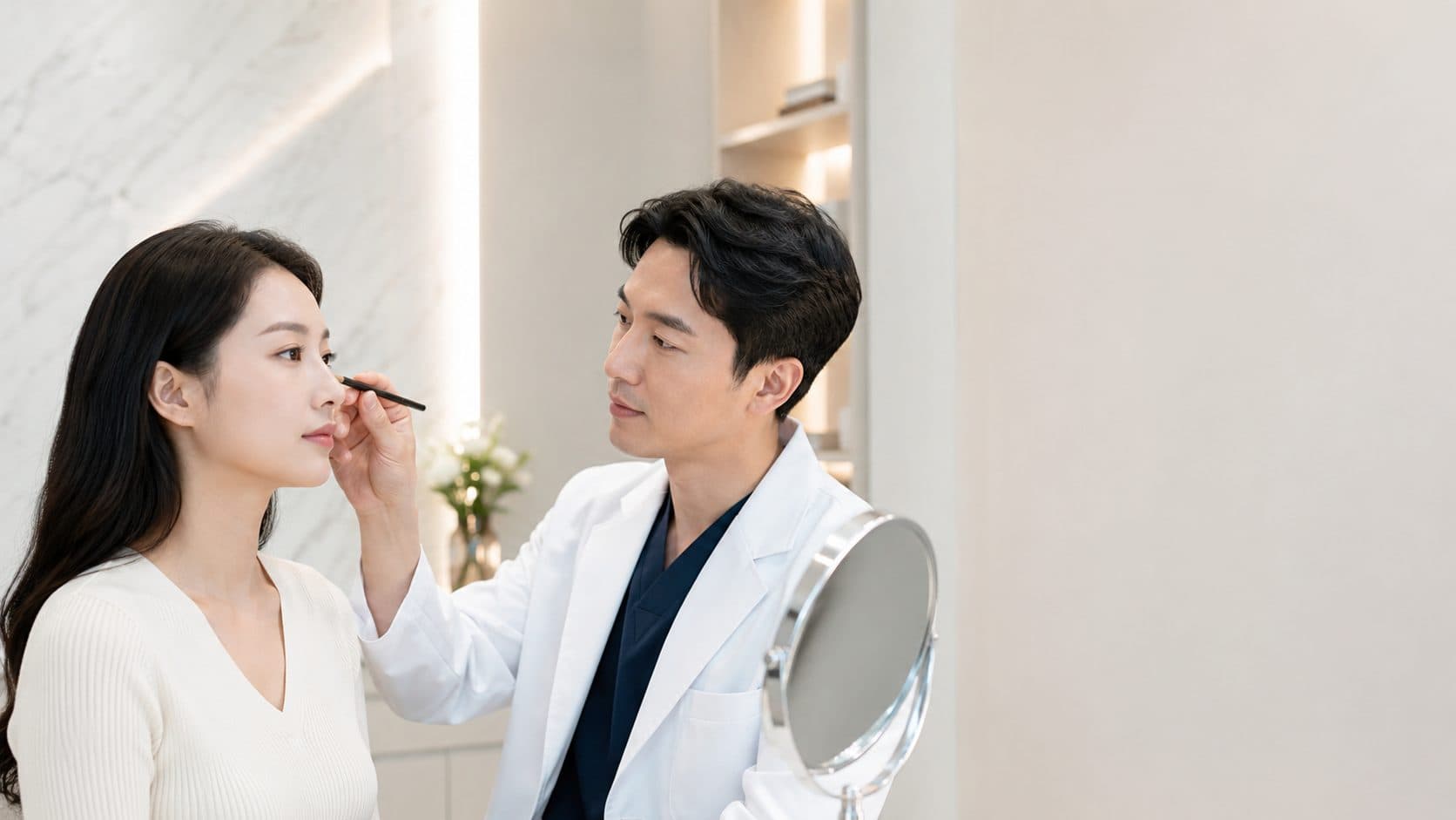 man evaluating woman for asian rhinoplasty korea
